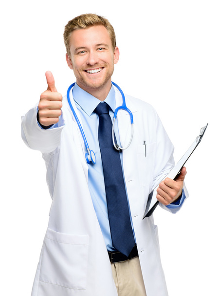 Full length of confident young doctor on white background - Foto, imagen