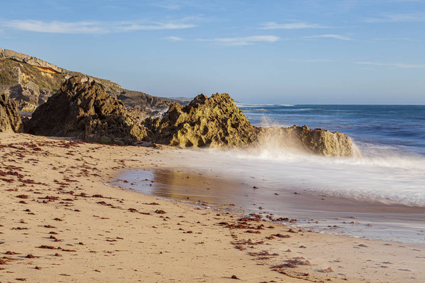 Praia com as algas vermelhas na areia trazidas pelas ondas que rebento na areia com as rochas ao fundo do areal. Praia situada a sul de Sines em Portugal, Europa. - Zdjęcie, obraz