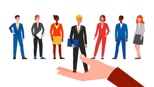Opción de los empleados de alquiler, personas de dibujos animados en trajes de negocios en la entrevista de trabajo
 - Vector, Imagen
