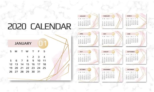 Kalenteri 2020 malli. 12 kuukautta. Suunnittelu Geometriset taidetta linjat. Viikko alkaa sunnuntaina
 - Vektori, kuva