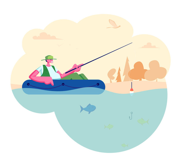 Man Fishing in Boat on Calm Lake or River at Summer Day. Relaxing Summertime Hobby, Fishman Sitting with Rod Having Good Catch - Vettoriali, immagini