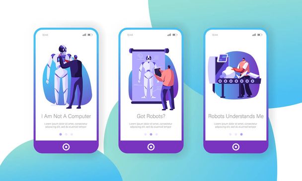 Scientists Create Cyborgs in Laboratory Mobile App Page Onboard Screen Set, Robot Creating Stages Process Robotics Engineer Develop Concept for Website or Web Page, Cartoon Flat Vector Illustration - Vector, Image