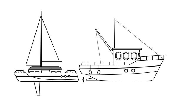 Barca da pesca mare viaggi e barca a vela in bianco e nero
 - Vettoriali, immagini