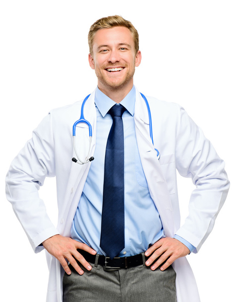 Portrait of confident young doctor on white background - 写真・画像