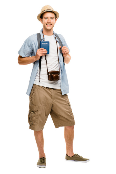 Happy young tourist travel passport isolated white background - Photo, Image