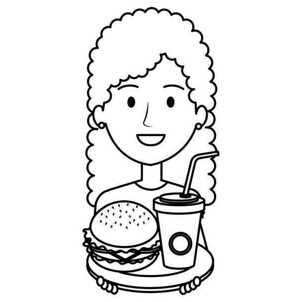 Frau mit leckerem Burger und Limo - Vektor, Bild
