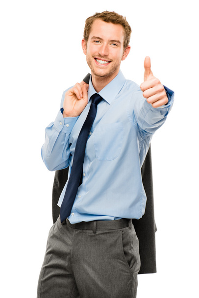 Businessman showing thumbs up sign white background - Foto, afbeelding