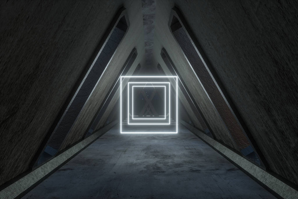 Parlak neon ışık ile fantezi beton tünel bina. 3B işleme. - Fotoğraf, Görsel