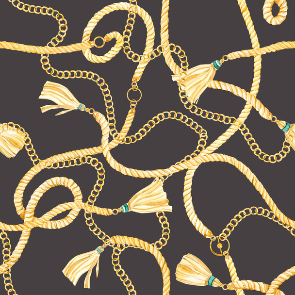 Seamless pattern golden chain and ropes glamour illustration in a watercolor style. Accessories trendy - Photo, Image