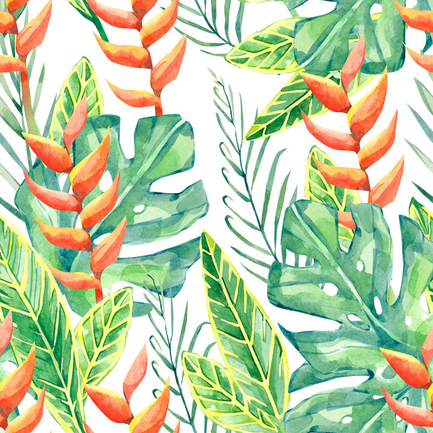 watercolor tropical floral seamless pattern, colorful exotic summer print with floral elements leaves, branches for the textile fabric and wallpapers summer - 写真・画像
