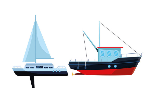 Horgászhajó tengeri utazás és vitorlás hajó - Vektor, kép