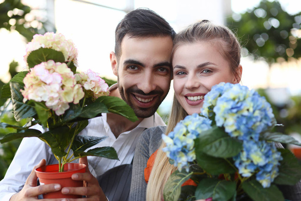 Two Gardeners Showing Hydrangea Flower Portrait - Foto, Bild