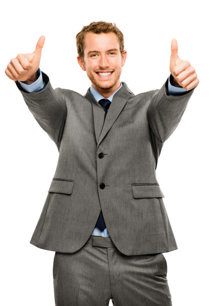 Businessman showing thumbs up sign white background - Fotó, kép