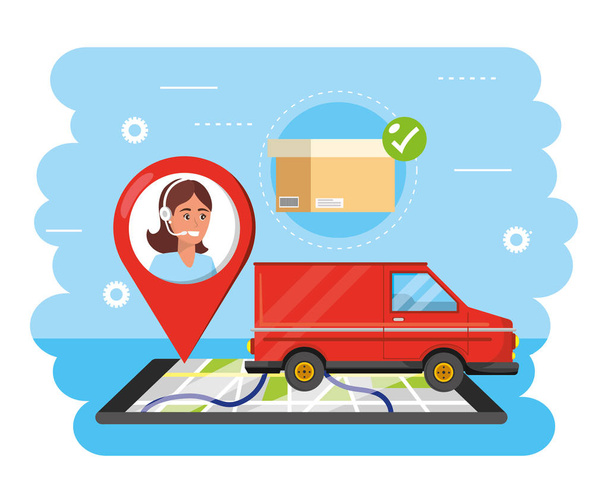 van transport with woman call center location and smartphone gps - Vector, Image