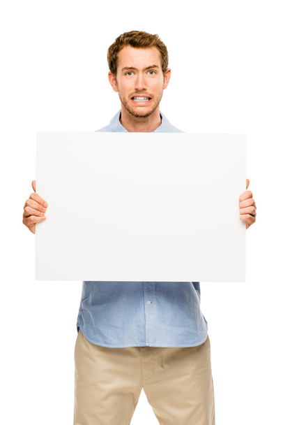 man showing empty space white placard - Foto, Bild