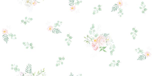 Seamless pattern with elegant greenery and beautiful roses,watercolor effect - Vector, Image
