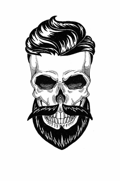 Monochrome illustration barbershop of skull with beard, mustache, hipster haircut and on white background, cartoon, angry, beautiful, brutal. - 写真・画像