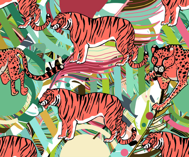 Gatos grandes salvajes. Impresión de animales. Fondo tropical vectorial con ch
 - Vector, Imagen