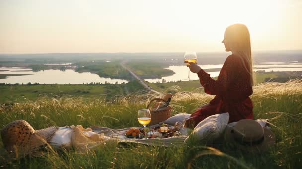 Μια νεαρή γυναίκα με ένα ποτήρι κρασί κάθεται πάνω σε ένα καρό. Πικνίκ - Πλάνα, βίντεο