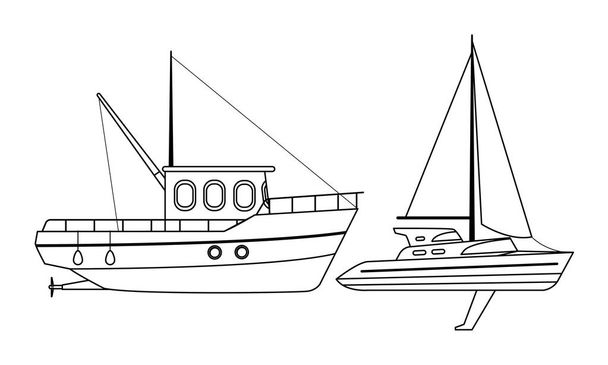 Fishing boat sea travel sailboat black and white - Vector, Image