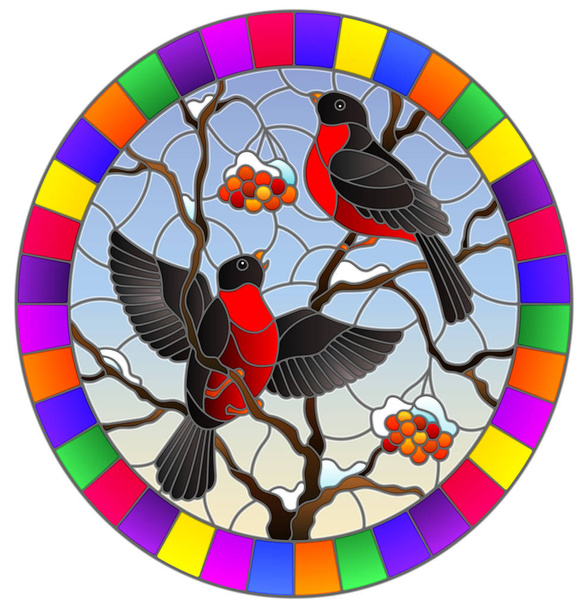 Illustration in stained glass style with a pair of bullfinches, on the background of snow-covered mountain ash tree,oval image in bright frame - Vector, Image