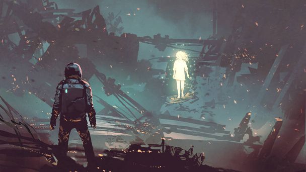 cena de ficção científica do homem futurista enfrentando a menina brilhante no planeta abandonado, estilo de arte digital, pintura ilustração
 - Foto, Imagem