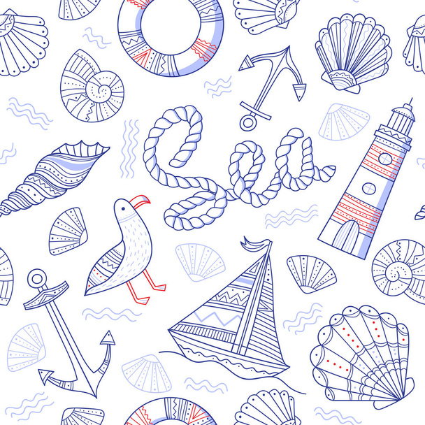 Морская тематика в стиле каракули-бохо
 - Вектор,изображение