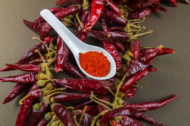 Close up of Hungarian Paprika in spoon on bed of peppers - Φωτογραφία, εικόνα