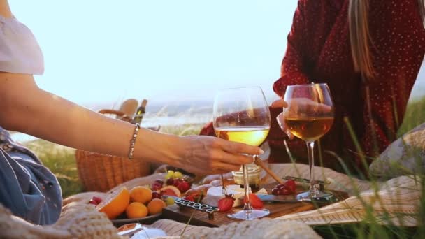 Two young women have a picnic. They raise glasses and clink there. - Footage, Video