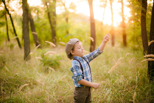 Petit garçon dans un chapeau dans le parc en été au coucher du soleil
 - Photo, image