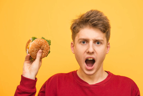 黄色の背景にハンバーガーを手に空腹の表現力豊かな少年の肖像画は、黄色の背景にカメラに驚いたように見えます。ハンバーガーを手にした感情的な若者分離 - 写真・画像