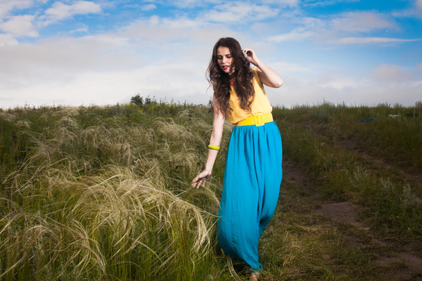 Beautiful young girl with long hair in field - Fotó, kép