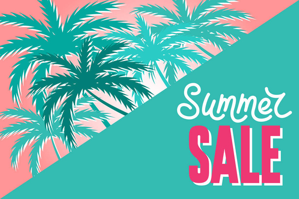 Summer sale banner with palms and sale text. Tropical background, design template. Big discount. - Vektor, Bild