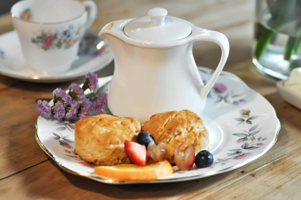 scone or scone with fruit ,whipping cream  - Photo, image