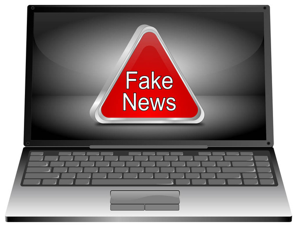 Laptop komputer z czerwonym fałszywe wiadomości znak ostrzegawczy na srebrnym pulpicie-ilustracja 3D - Zdjęcie, obraz