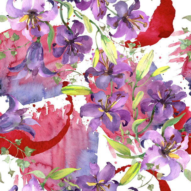Buquê lírio roxo flores botânicas florais. Conjunto de ilustração de fundo aquarela. Padrão de fundo sem costura
. - Foto, Imagem