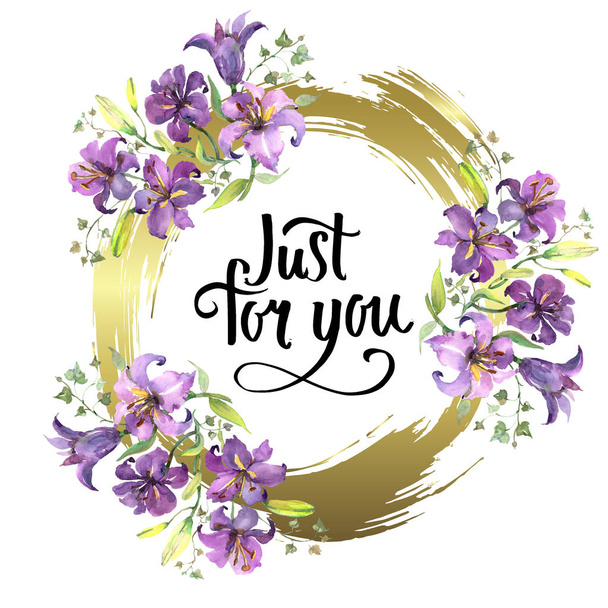 Bouquet de lis violet fleurs botaniques florales. Ensemble d'illustration de fond aquarelle. Cadre bordure ornement carré
. - Photo, image