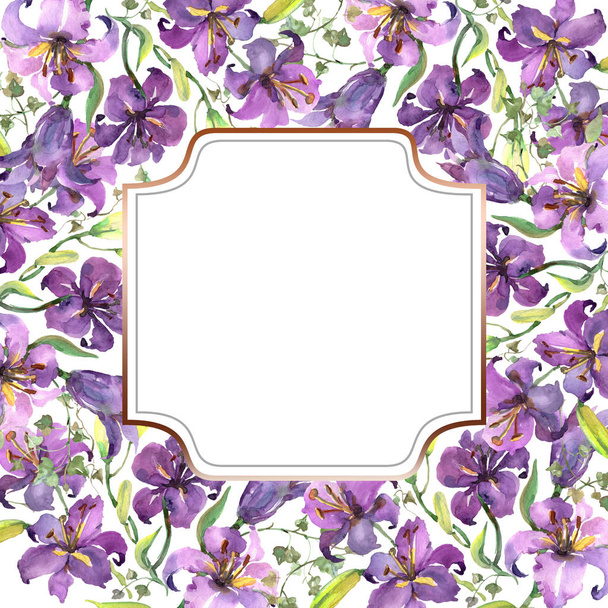 Purple lily bouquet floral botanical flowers. Watercolor background illustration set. Frame border ornament square. - Fotografie, Obrázek
