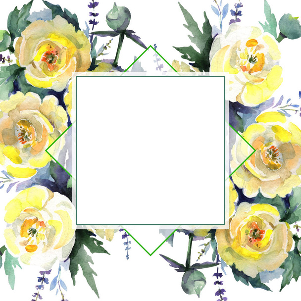Sárga bazsarózsa csokor virágos botanikai virágok. Akvarell háttér illusztráció meg. Keretszegély Dísz tér. - Fotó, kép