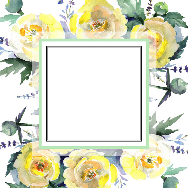 Profumo di peonia gialla fiori botanici floreali. Acquerello sfondo illustrazione set. Quadrato ornamento bordo cornice
. - Foto, immagini