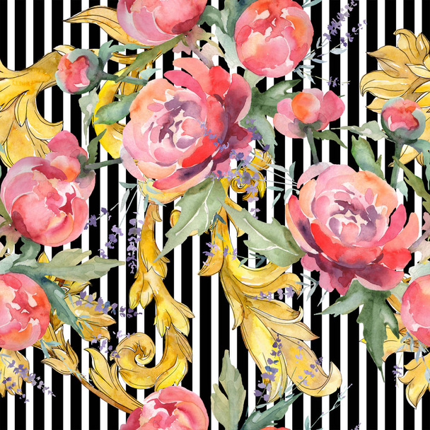 Pink peony bouquet floral botanical flowers. Watercolor illustration set. Seamless background pattern. - Photo, image