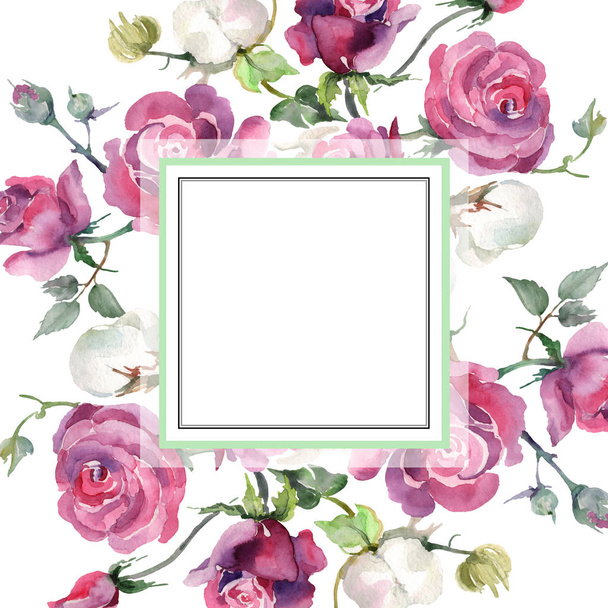 Pink rose and cotton bouquet floral botanical flowers. Wild spring leaf wildflower. Watercolor background illustration set. Watercolour drawing fashion aquarelle. Frame border ornament square. - Фото, зображення