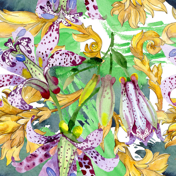 Фіолетовий тривірті квіткові ботанічні квіти. Набір ілюстрацій для акварельного фону. Безшовний візерунок тла
. - Фото, зображення