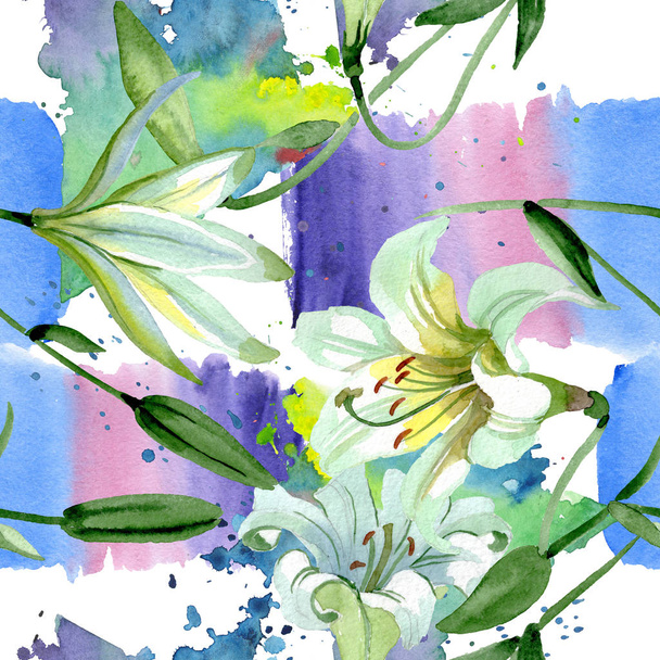 weiße Lilie blumige botanische Blüten. Aquarell Hintergrundillustration Set. nahtloses Hintergrundmuster. - Foto, Bild