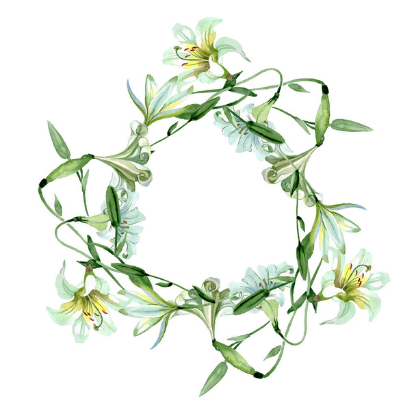 weiße Lilie blumige botanische Blüten. Aquarell Hintergrundillustration Set. Rahmen Rand Ornament Quadrat. - Foto, Bild