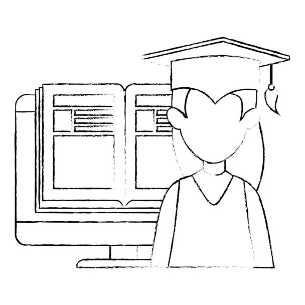 estudiante graduada con computadora y libro
 - Vector, Imagen