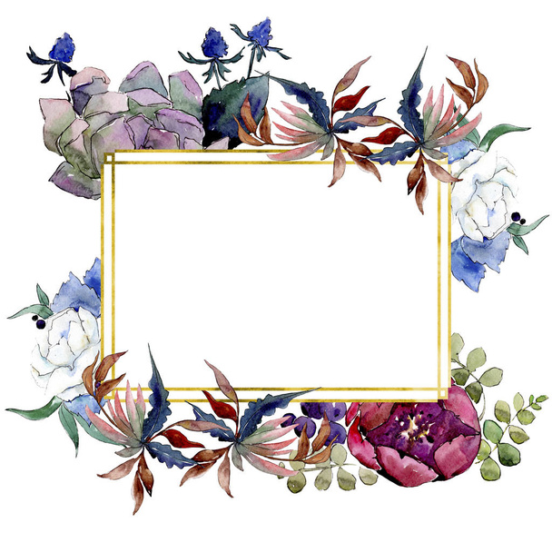 Buquê flores botânicas florais. Conjunto de ilustração de fundo aquarela. Quadro borda ornamento quadrado
. - Foto, Imagem