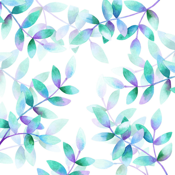 Plantilla para diseño. Fondo con hermosas ramas con hojas verdes de color azul púrpura. Acuarela dibujada a mano ilustración
. - Foto, Imagen