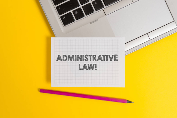 Handwriting text writing Administrative Law. Concept meaning Body of Rules regulations Orders created by a government Top trendy metallic laptop pencil squared paper sheet colored background. - Photo, Image