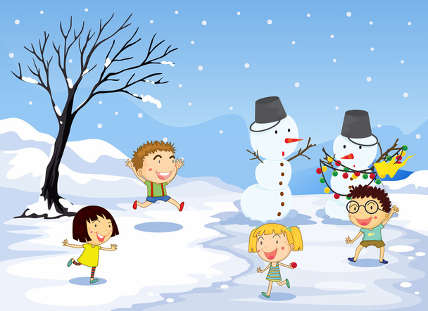 dzieci bawiące się w śniegu - Wektor, obraz